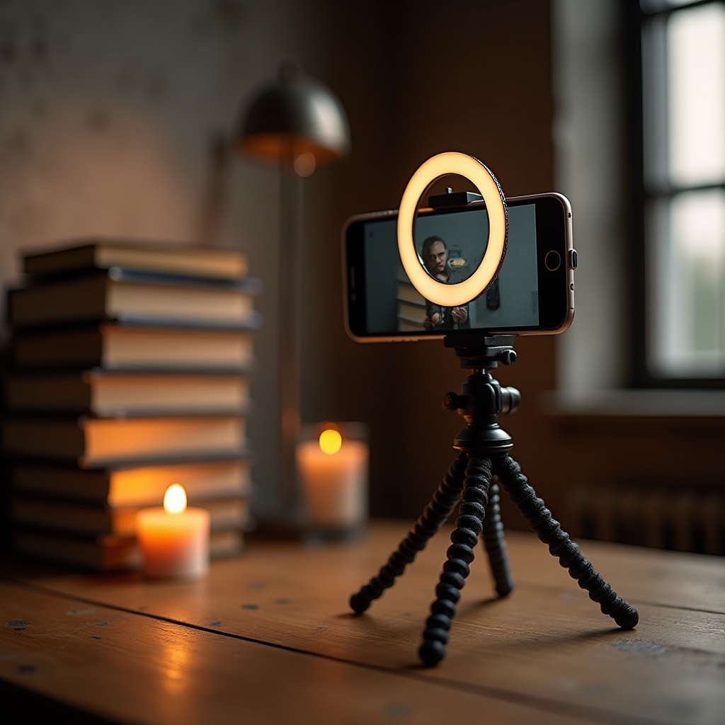 Einfaches Videoequipment mit Smartphone-Stativ und kleiner Ringleuchte auf einem Schreibtisch