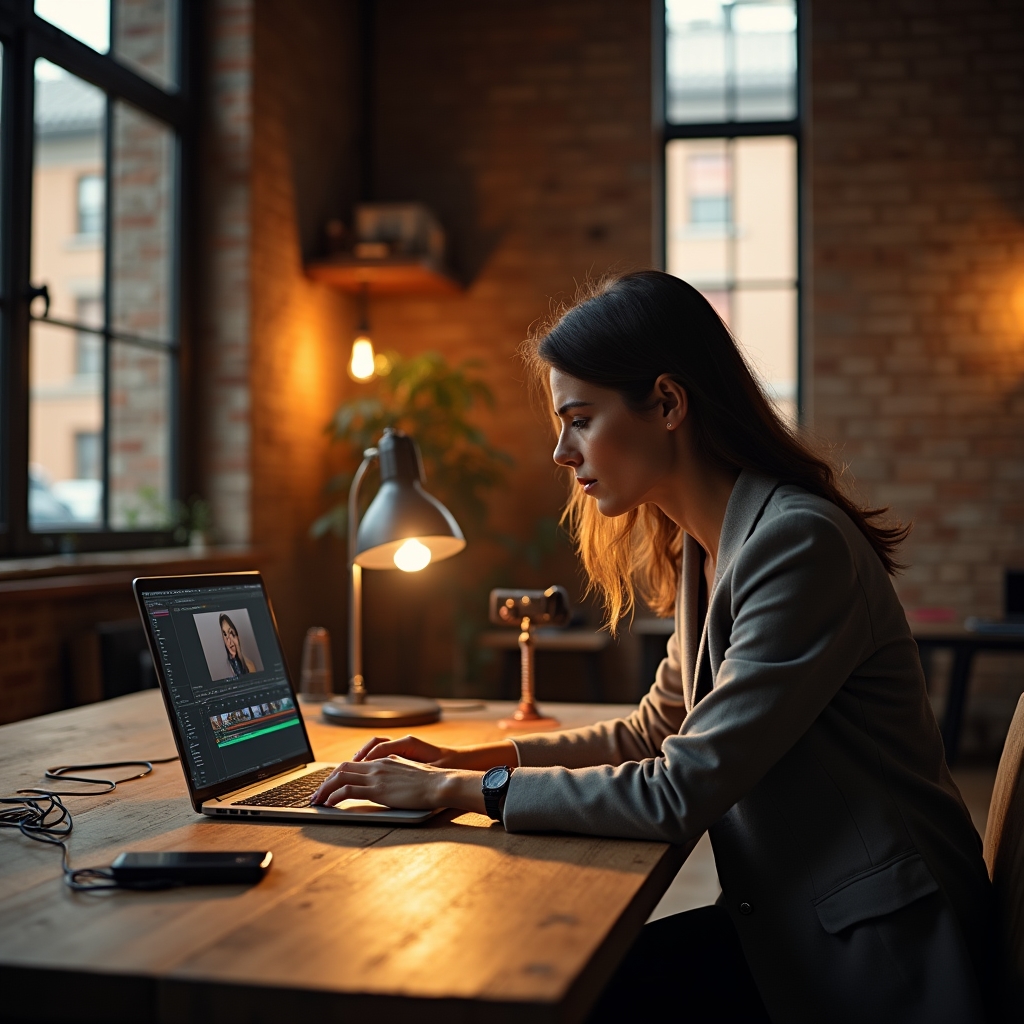 Unternehmerin schneidet am Laptop ein Produktvideo in einem hellen Loft-Büro