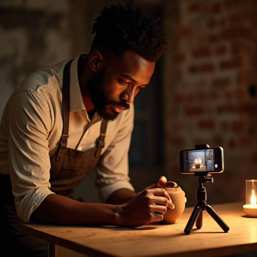 Unternehmer filmt ein Produkt mit dem Smartphone auf einem kleinen Stativ