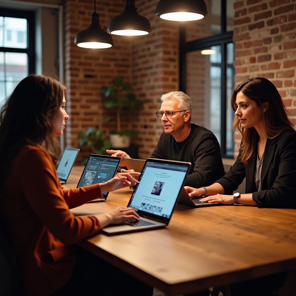 Kleine Gruppe Unternehmer:innen arbeitet gemeinsam an Laptops in einem Workshop-Raum